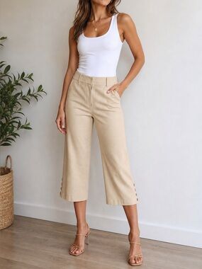 VENUS Beige Cropped Linen Dress Pants